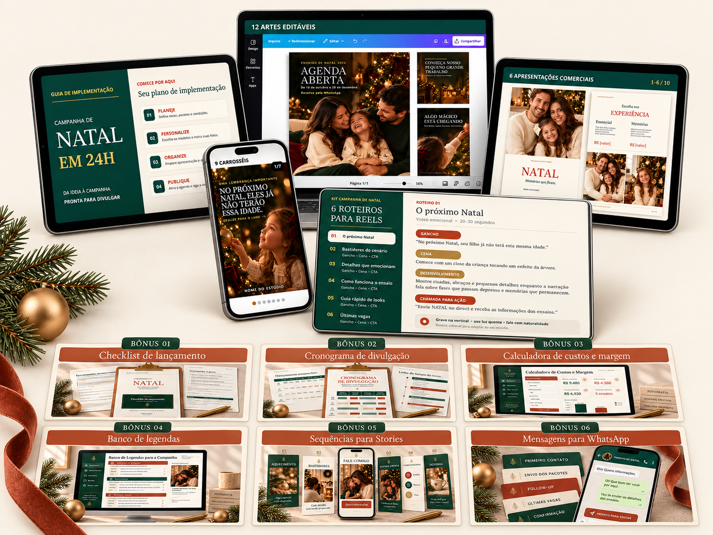 Materiais do Kit Campanha de Natal para Fotógrafas com artes, apresentação de pacotes, checklist e calculadora