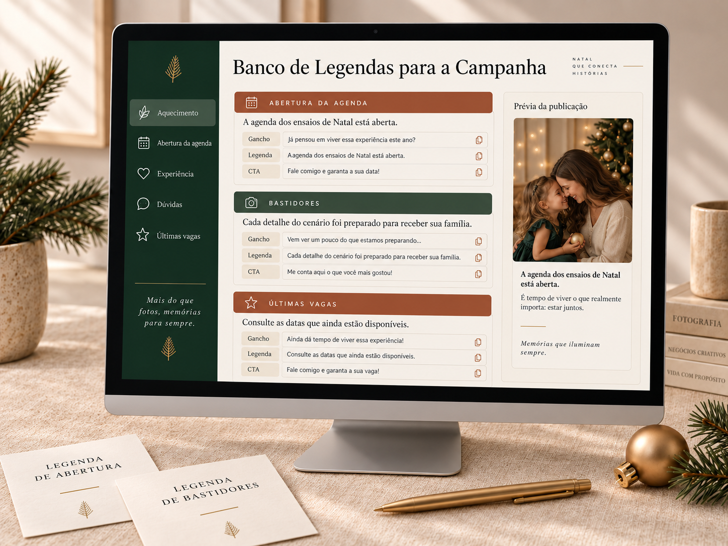 Prévia do Banco de Legendas com textos prontos para abertura da agenda, bastidores e últimas vagas da campanha de Natal