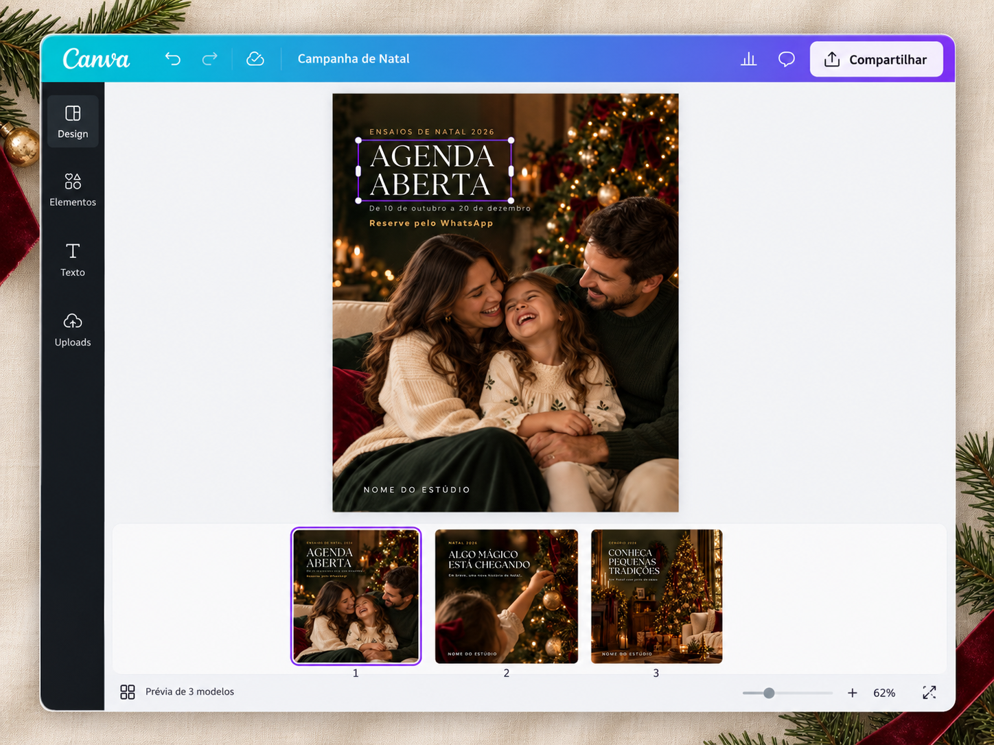 Prévia de três modelos de artes estáticas editáveis no Canva para divulgação de Natal