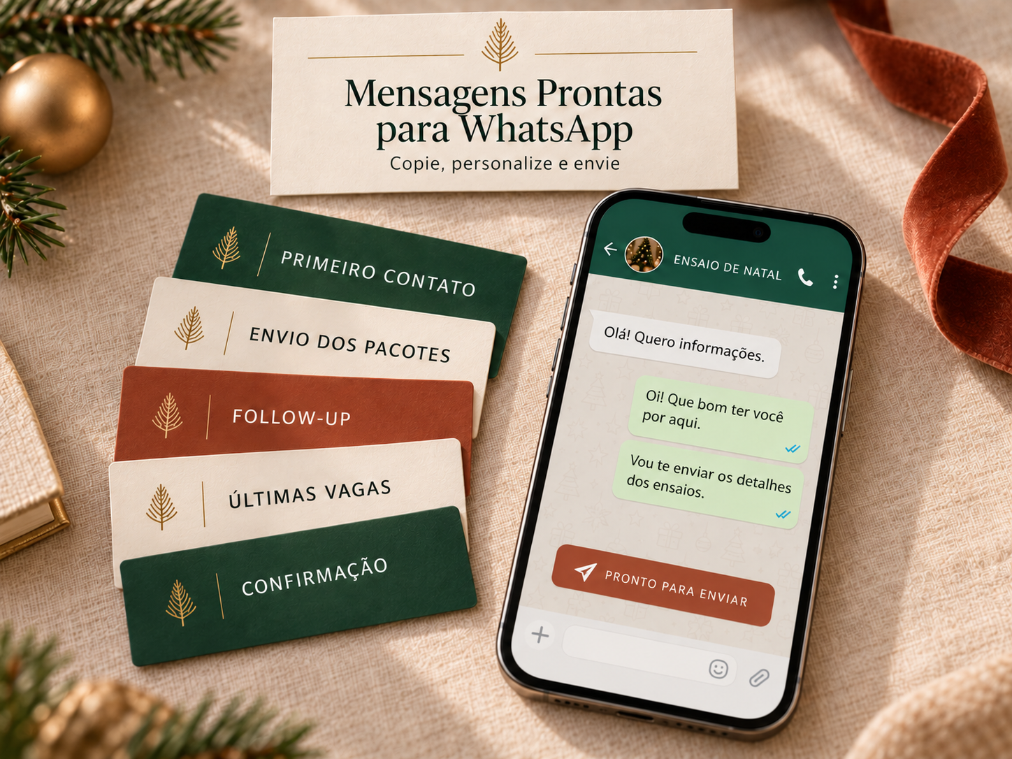 Prévia das Mensagens Prontas para WhatsApp com modelos de primeiro contato, envio de pacotes, follow-up, últimas vagas e confirmação