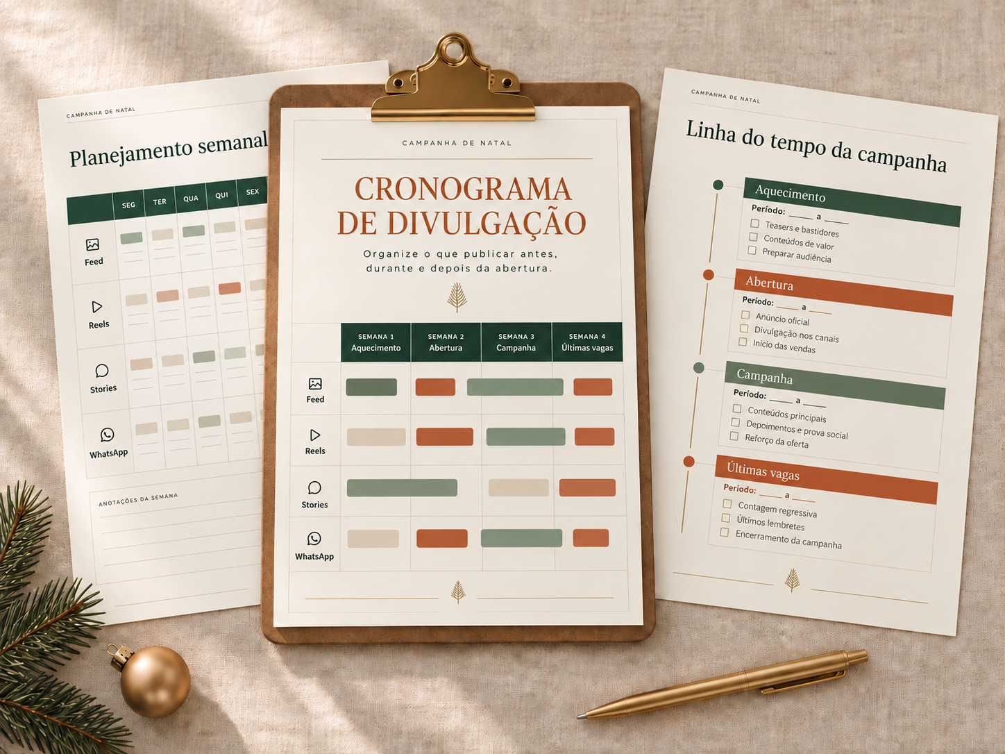 Prévia do Cronograma de Divulgação com planejamento semanal, linha do tempo da campanha e etapas de aquecimento, abertura, campanha e últimas vagas