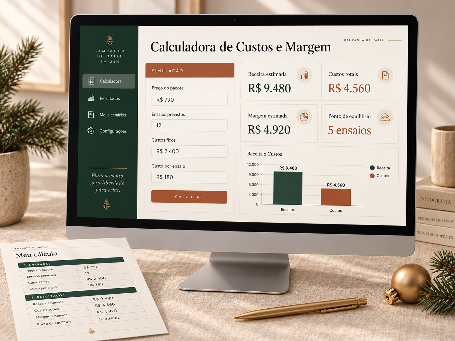 Prévia da Calculadora de Custos e Margem com simulação de receita, custos totais, margem estimada e ponto de equilíbrio